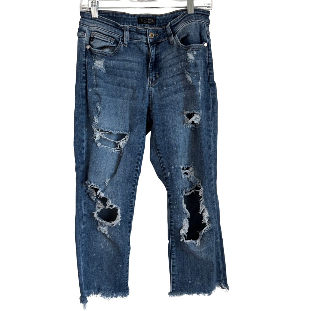 Judy Blue Distressed Women’s Jeans Raw Hem Size 7 Size 28 Cropped Ankle Straight